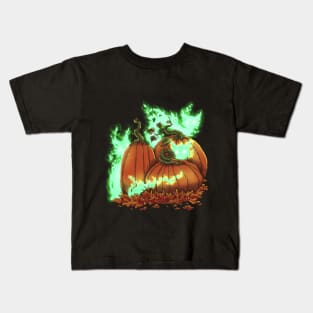 Spooky Ghost Cats Amongst the Pumpkins Kids T-Shirt